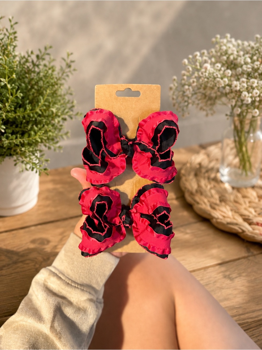 Girls Pink & Black Ruffle Bow Hair Clips - Set of 2